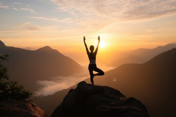 Silhouette of woman practicing yoga on mountain at sunrise - obrazy, fototapety, plakaty