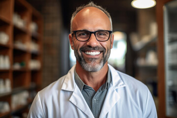 Smiling mature scientist in lab coat in a laboratory