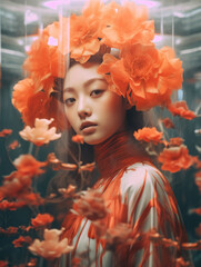 Portrait of young asian woman surrounded by orange flowers
