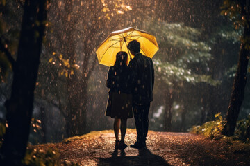 Couple sharing a romantic moment under a yellow umbrella