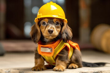long-haired dachshund puppy wearing a yellow construction helmet and orange safety vest - obrazy, fototapety, plakaty