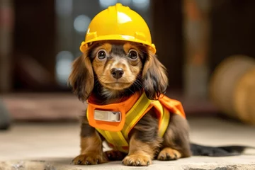 Foto op Canvas long-haired dachshund puppy wearing a yellow construction helmet and orange safety vest © GVS