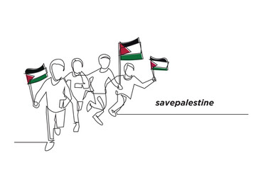 save palestine.kids running with palestine flag.free palestine.continuous line vector.line art isolated white background