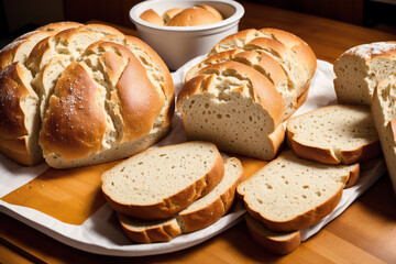 Freshly baked bread on a wooden board, close-up.Bagel Generative AI
