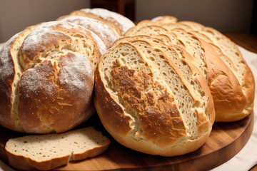 Freshly baked bread on a wooden board, close-up.Bagel Generative AI