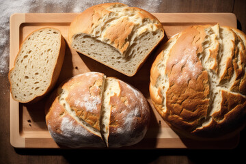 Freshly baked bread on a wooden board, close-up.Bagel Generative AI