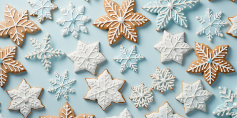 Top view Christmas gingerbread cookies in the shapes of snowflakes decorated with white icing on light blue background. Flat lay with copy space for text.Holiday cards, advertising,decorative element
