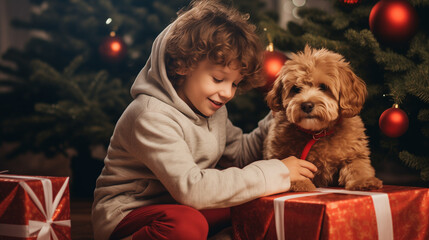 Cute child open a gift with his dog, festive christmas background, ai generated