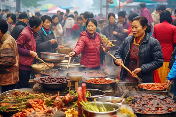 Traditional Chinese Food Market Bustling Activity