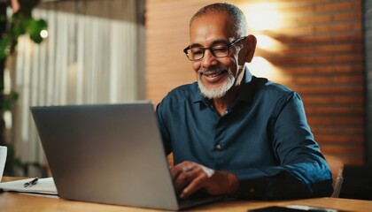 A smiling senior works on a laptop. Mastering modern technologies by an elderly person
