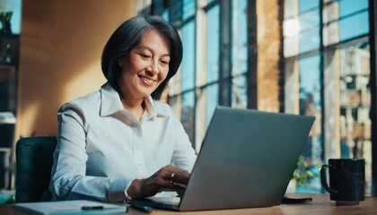 A smiling senior works on a laptop. Mastering modern technologies by an elderly person