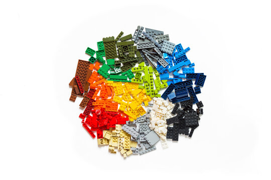 Colorful Building Blocks Arranged in Pile on White Background: Creative Kids Construction. Lego blocks. Novosibirsk, Russia - October 26, 2023.
