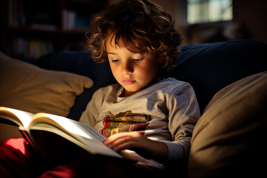 little boy or child, 10 years old, reading an exciting book in the warm living room or in his children's room - topic reading and books 