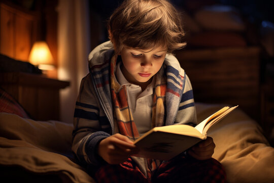 Boy, 10 years old, concentrates on reading an exciting book in the living room in winter - Reading, children reading and education