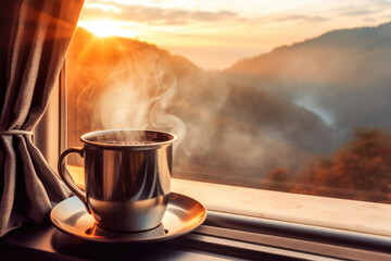 Steaming Coffee Mug over train window with Mountain View at Sunrise - obrazy, fototapety, plakaty