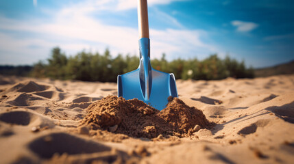 A detailed view of a shovel immersed in the sand