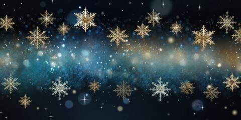 Fototapeta na wymiar Abstract banner winter background with glowing gold snowflakes and bokeh on a blue backdrop.For greeting card o web page design. Christmas or New Year event organizing agency