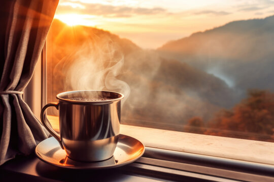 Steaming Coffee Mug over train window with Mountain View at Sunrise