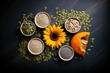 Top view of flaxseeds, pumpkin, sesame and sunflower seeds on dark background. Food photo of Seed Cycling for Hormone Balance