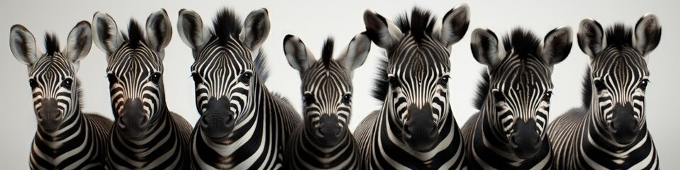 Fototapeta na wymiar Unity in Stripes: Panoramic Photograph of Six Zebras Against a White Background