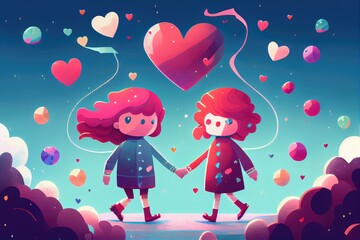Illustration created for Valentine's Day, background consisting of colorful hearts and colorful balloons.