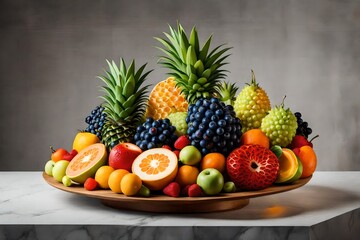 Naklejka na ściany i meble Generate an image of a 3D-printed fruit sculpture centerpiece that doubles as a refreshing fruit salad, showcasing the beauty of technology and nature combined