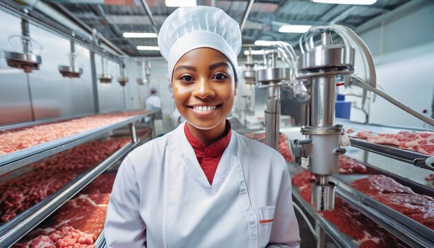 Female meat processor in uniform at a meat processing plant