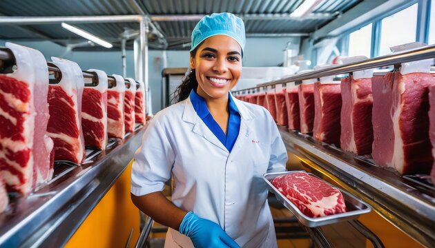 Female meat processor in uniform at a meat processing plant