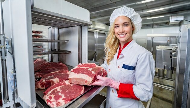 Female meat processor in uniform at a meat processing plant - Powered by Adobe