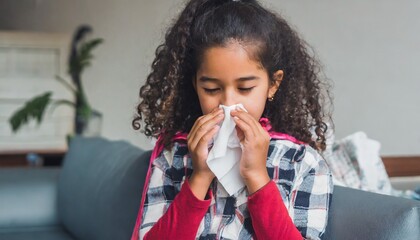 Fototapeta na wymiar Girl at home, dealing with a runny nose using a handkerchief. Seasonal health issues, childhood flu