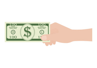 Hand Holding Dollar Bill or Cash Money. Growing Money, Saving and Investment Concept. Vector Illustration. 