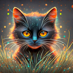 a black cat, with brown stripes, looks at sparkling magic grass Generative AI