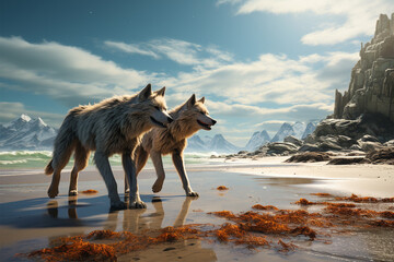 wolf walking on the beach