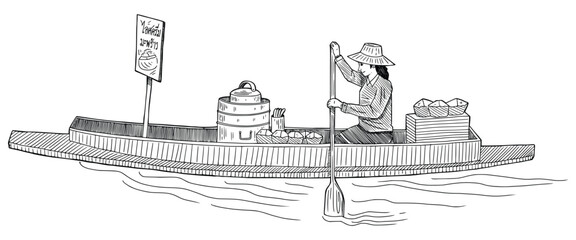 Hand-drawn Illustration Thai Boat Vendor