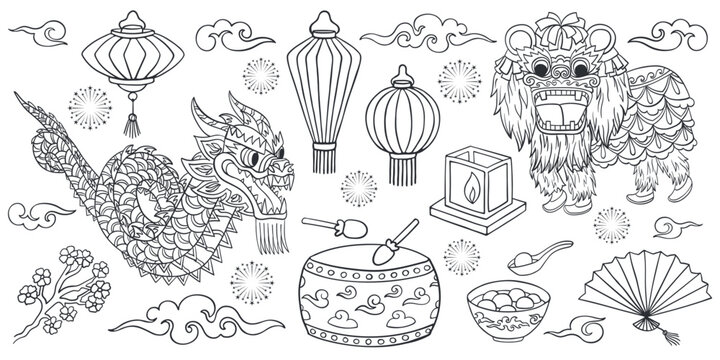 Chinese New Year and Lantern Festival symbols set isolated on white. Black outline drawing sketch. Vector picture for illustration of lunar calendar holiday and eastern asian traditional celebration.