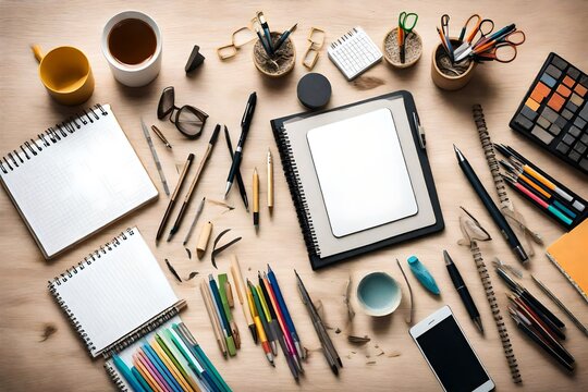 Creative flat lay of office supplies, including notebooks, pens, and a tablet, arranged artistically on a textured surface.