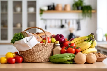  The kitchen table is stocked with ingredients for breakfast, such as bread and organic vegetables and fruits. A healthy menu with consideration and kindness for your family's health. © omune