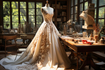 Wedding dress in luxury designer atelier or tailoring studio. Concept of fashion, handmade and couturier.