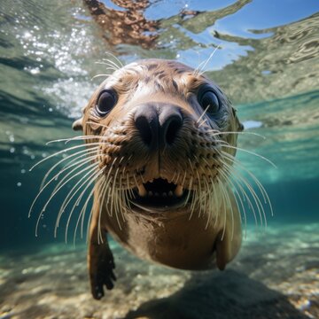 Photo of a playful and inquisitive sea lion. Generative AI