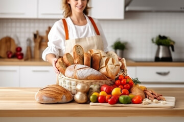A housewife puts ingredients such as bread and organic vegetables and fruits into a basket in the kitchen to prepare breakfast. A healthy menu with consideration and kindness for your family's health.