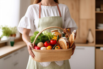 A housewife puts ingredients such as bread and organic vegetables and fruits into a basket in the kitchen to prepare breakfast. A healthy menu with consideration and kindness for your family's health.