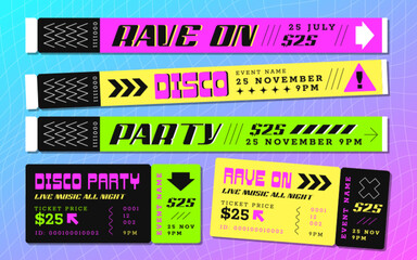Festival bracelet and ticket for pass to event, disco. Paper hand band, color wristbands and night club party tickets. Vector illustration of music concert invitation with sample text. Access control. - obrazy, fototapety, plakaty