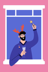 Man in the window celebrate Xmas. Christmas card with cute cartoon character. Flat vector illustration