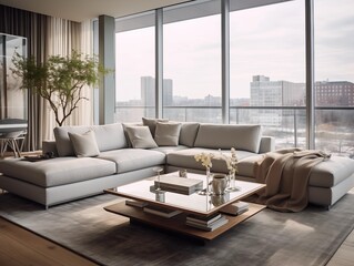 Modern living room with a white sofa, plant and large windows