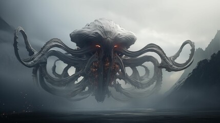 AI generated illustration of an octopus with its tentacles outstretched in a fog-covered mountains