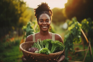 Black woman farmer with basket of fresh organic vegetables, happy gardener in apron and hat, rural agriculture lifestyle, sustainable living, homegrown produce harvest. Generative AI. - obrazy, fototapety, plakaty