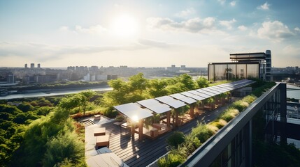 Green hotel initiatives, high-angle shot of a verdant hotel rooftop garden, solar panels gleaming in the sun, emphasizing sustainability in hospitality.