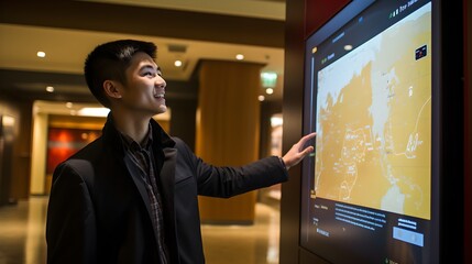 Digital concierge, close-up shot of a guest using an interactive screen in the hotel lobby, illustrating the blend of tradition and technology in modern hospitality.