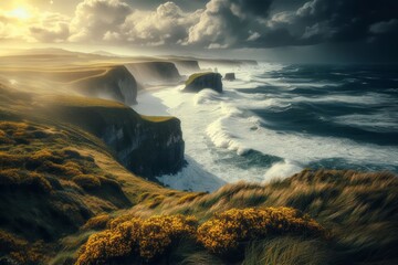 Windswept Grass-Topped Cliff Overlooking Pounding Surf with Scattered Yellow Gorse Under Gathering Stormclouds at Sea Generated Image - obrazy, fototapety, plakaty