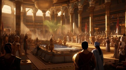a grand feast in an Egyptian palace, attended by the pharaoh and nobility